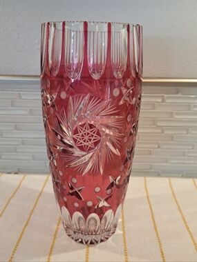 Vtg Colored Cranberry Red Cut Glass Vase With Floral & Cross-Hatched Pattern